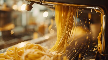 Fresh pasta being extruded through machine, tight shot, kitchen light, Italian tradition, culinary craft 