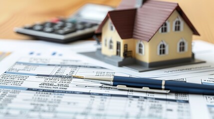 Poster - Mortgage documents with pen and calculator, focused close-up, financial planning, real estate transaction