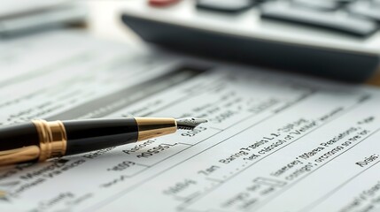 Poster - Mortgage documents with pen and calculator, focused close-up, financial planning, real estate transaction 