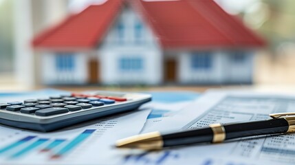 Poster - Mortgage documents with pen and calculator, focused close-up, financial planning, real estate transaction