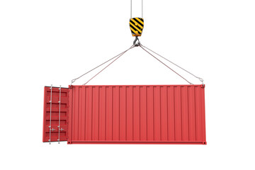 Poster - 3d rendering of crane lifting open empty red shipping container isolated on white background