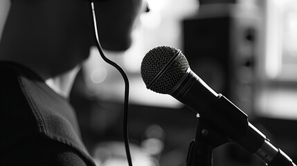 Poster - Podcast setup with microphone, close view, conversation ready, broadcasting voice, media engagement 