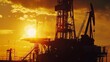 Oil rig at sunset, close-up on the derrick, energy quest, industrial silhouette, resource drilling 