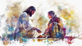 Fototapeta Kosmos - Jesus and the woman who anointed his feet depicted in a digital watercolor painting on a white background.
