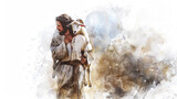 Fototapeta Kosmos - Jesus tenderly carries the lost sheep on his shoulders in a digital watercolor painting on a white background.