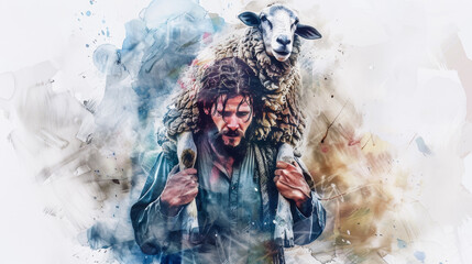 Jesus tenderly carries the lost sheep on his shoulders in a digital watercolor painting on a white background.