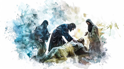 An image of Jesus bringing Lazarus back to life with digital watercolor on a white canvas.