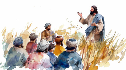 Wall Mural - Jesus teaching his disciples the meaning of the parable of the sower through digital watercolor art on a white background.