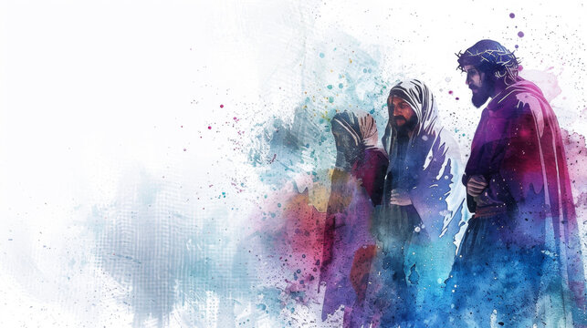 Create a digital watercolor artwork depicting Jesus consoling the women on their journey to Calvary against a white backdrop.