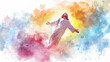 Jesus rising into the clouds in a digital watercolor painting on a white backdrop.