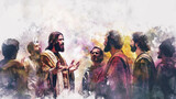 Fototapeta Kosmos - Jesus teaching the Beatitudes to his followers in a digital watercolor illustration on a white backdrop.