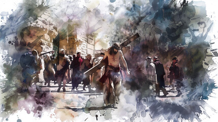 Jesus carrying the cross on the Via Dolorosa depicted in a digital watercolor on a white backdrop.