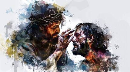 Create a digital watercolor artwork depicting Jesus performing a miraculous healing on a blind man against a white backdrop.