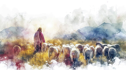 Wall Mural - Jesus, depicted in a digital watercolor painting on a white background, identifies himself as the caring Good Shepherd who sacrifices for his flock.