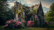 A tranquil morning scene of a church ruin adorned with roses and ivy, evoking a sense of nature's reclaiming beauty and historical serenity