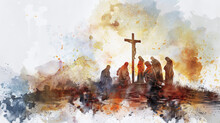 Disciples Mourning Teacher At Cross In Digital Watercolor.