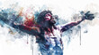 A digital watercolor painting depicting Jesus on the cross, his face filled with solemnity as he looks towards the heavens.