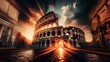 The Roman Coliseum at sunset, empty and in summer, in Italy- Generative ai 