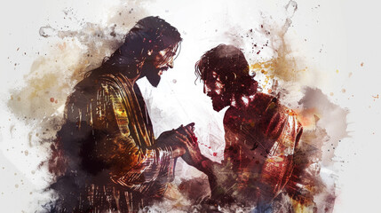 Wall Mural - Create a digital watercolor image of Jesus healing the man with the withered hand on a white background.