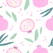 Seamless pattern of hand drawn pomegranate and leaves. Perfect for textile manufacturing, wallpaper, posters
