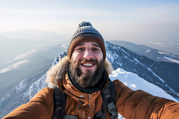 Wall Mural - man in winter clothes taking selfie photo on the top of the mountain