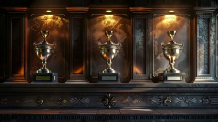 3D rendering of an award ceremony podium with three tiers decorated with shiny silver, gold and bronze trophies