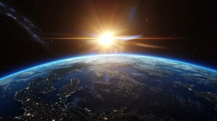 Poster - Sunrise over earth as seen from space. With stars background