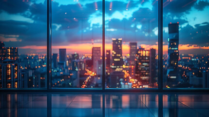 Wall Mural - Blurred office workspace in the evening, interior workplace with cityscape for business presentation background,