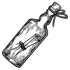 Wall Mural - Message in a bottle engraving PNG illustration. Scratch board style imitation. Hand drawn image.