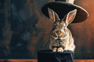 magician's show, rabbit and hat over grey background