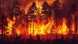 Intense forest fire, spreading hazard, fiery inferno amidst trees, urgent warning