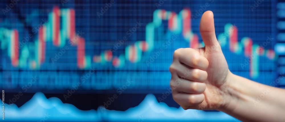 Positive feedback concept, thumb up with a bull stock market green ...