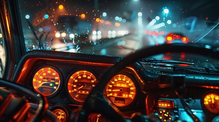 Canvas Print - Dashboard of a long-haul truck at night, close view, illuminated gauges, the life of a trucker 