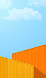 Fototapeta Zachód słońca - Yellow, Red box containers cargo transportation logistics against blue sky white clouds vertical on daylight, Metal sheet color wall well space for text  