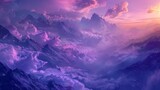 Fototapeta Londyn - The sky is a beautiful shade of purple with clouds floating above. The mountains in the background are covered in fog, creating a serene and peaceful atmosphere