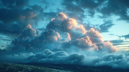 Wall Mural - Digital clouds hovering over a landscape, symbolizing cloud computing and network connectivityimage illustration