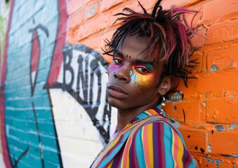 A confident young man with wild hair and vibrant makeup