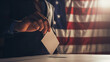 solemnity of voting, with a man's hand seen inserting a ballot into a polling box, against the backdrop of the United States flag, symbolizing the fundamental rights and responsibi