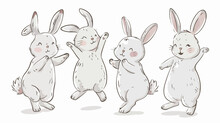 Four Doodle Bunnies. Dancing Standing Fighting Running