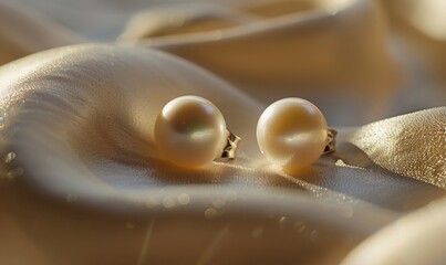 Wall Mural - Pair of pearl drop earrings delicately arranged on a smooth satin material background