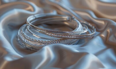 Wall Mural - Set of silver bracelets arranged on a satin material background