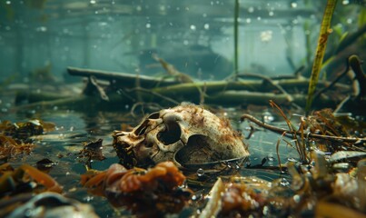 Wall Mural - Human skull floating in polluted waters