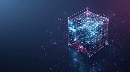 Wall Mural - Abstract digital data cube in technology futuristic wireframe style. Isometric polygonal 3D box in light blue and purple on dark background.