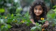 A child planting a sapling or flower in a garden, contributing to beautification efforts in their community on Children's Dayillustration