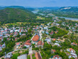 Aerial view of Mang Lang Catholic Church in ancient village in Phu Yen province, Vietnam. Travel and landscape concept