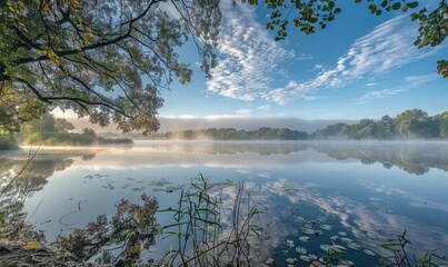 Wall Mural - A gentle morning mist over a tranquil lake with soft reflections