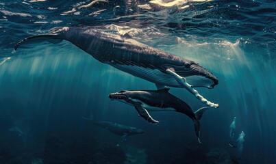 Sticker - A mother and calf humpback whale swimming together in tropical waters