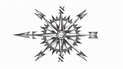 Wall Mural - A simple line drawing of an old-fashioned compass rose, with North and South depicted by arrows on the needle, vector illustration, white background, minimalistic design, monochrome color palette, in 