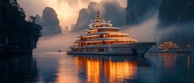 Superyacht Serenity Amidst Ancient Peaks. Concept Yacht Photography, Luxury Travel, Mountain Backdrop, Serene Ocean Views, Exclusive Lifestyle
