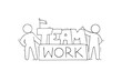 Adobe Illustrator ArtwSketch of working little people with word Team. Doodle cute miniature scene of workers banner. Hand drawn cartoon vector illustration for business designork
